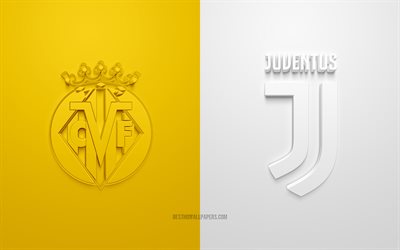 Villarreal CF vs Juventus FC, 2022, Liga de Campeones de la UEFA, octavos de final, logotipos en 3D, fondo blanco amarillo, Liga de Campeones, partido de f&#250;tbol, Liga de Campeones 2022, Villarreal CF, Juventus FC