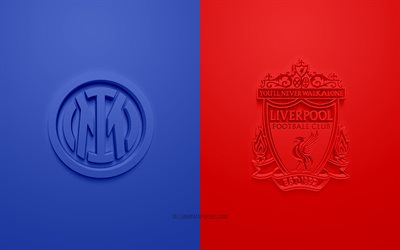 Inter Milan vs Liverpool FC, 2022, Ligue des champions de l'UEFA, huitième de finale, logos 3D, fond bleu rouge, Ligue des champions, Ligue des champions 2022, Inter Milan, Liverpool FC, Internazionale vs Liverpool