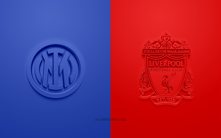 Inter Milan vs Liverpool FC, 2022, UEFA Champions League, octavos de final, logos 3D, fondo azul rojo, Champions League, 2022 Champions League, Inter Milan, Liverpool FC, Internazionale vs Liverpool