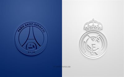 PSG vs Real Madrid, 2022, UEFA Şampiyonlar Ligi, Sekizinci Finaller, 3D logolar, beyaz mavi arka plan, Şampiyonlar Ligi, futbol ma&#231;ı, 2022 Şampiyonlar Ligi, PSG, Real Madrid