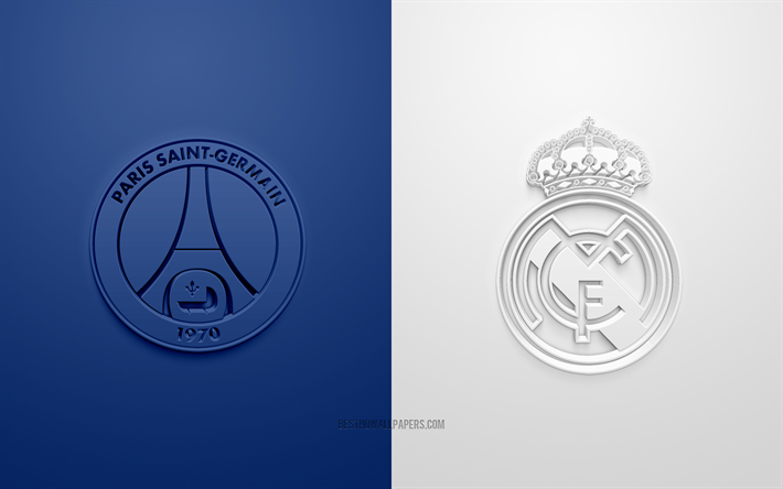 PSG vs Real Madrid, 2022, Liga de Campeones de la UEFA, octavos de final, logotipos en 3D, fondo azul blanco, Liga de Campeones, partido de f&#250;tbol, Liga de Campeones de 2022, PSG, Real Madrid
