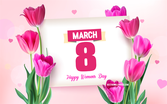 8 marzo, 4k, sfondo con tulipani rosa, biglietto di auguri dell&#39;8 marzo, modello dell&#39;8 marzo, Giornata internazionale della donna, tulipani rosa