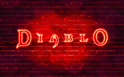 Logo rouge Diablo, 4k, brickwall rouge, logo Diablo, marques de jeux, logo n&#233;on Diablo, Diablo