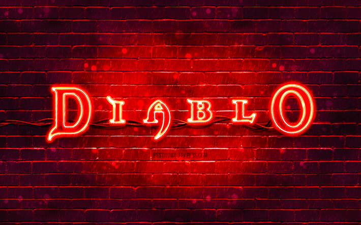 Diablo logotipo rojo, 4k, pared de ladrillo rojo, logotipo de Diablo, marcas de juegos, logotipo de ne&#243;n de Diablo, Diablo