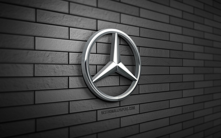 Mercedes-Benz 3D-logotyp, 4K, gr&#229; tegelv&#228;gg, kreativ, bilm&#228;rken, Mercedes-Benz-logotyp, Mercedes-logotyp, 3D-konst, Mercedes-Benz metalllogotyp, Mercedes-Benz