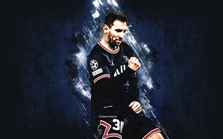 Lionel Messi, PSG, Argentine football player, goal, Ligue 1, blue stone background, soccer, Paris Saint-Germain, France