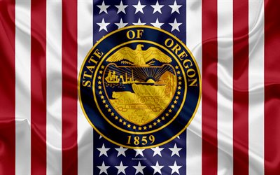 Oregon, USA, 4k, American state, Seal of Oregon, silk texture, US states, emblem, states seal, American flag