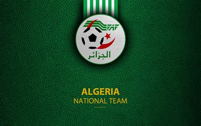 Algeria national football team, 4k, leather texture, Africa, Algerian Football Federation, emblem, logo, Algeria, football