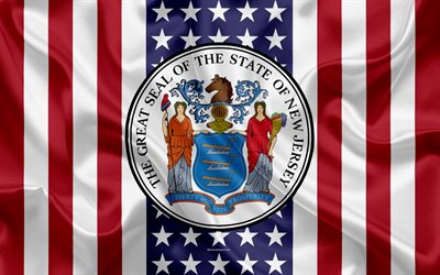 نيو جيرسي, الولايات المتحدة الأمريكية, 4k, الخارجية الأمريكية, ختم نيو جيرسي, نسيج الحرير, شعار, الدول ختم, العلم الأمريكي
