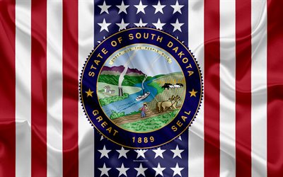 South Dakota, USA, 4k, American state, Seal of South Dakota, silk texture, US states, emblem, states seal, American flag