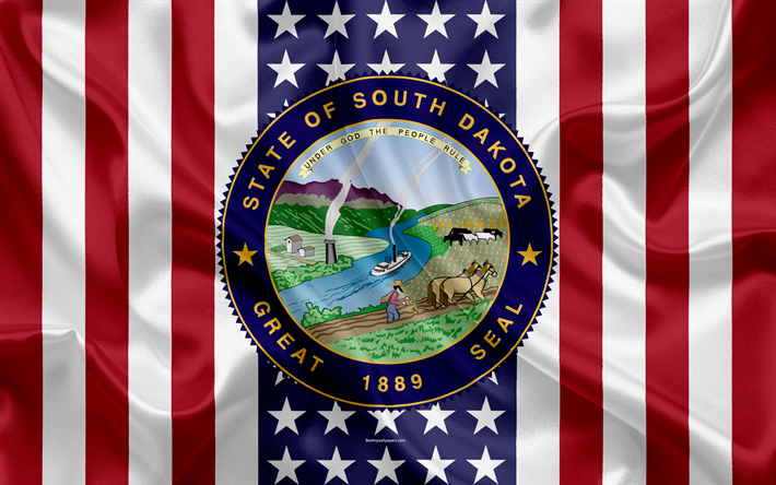Dakota Do Sul, EUA, 4k, Estado americano, Selo de Dakota do Sul, textura de seda, NOS estados americanos, emblema, estados selo, Bandeira americana