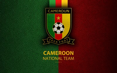 kamerun fu&#223;ball-nationalmannschaft, 4k, leder textur, afrika, wappen, logo, kamerun, fu&#223;ball
