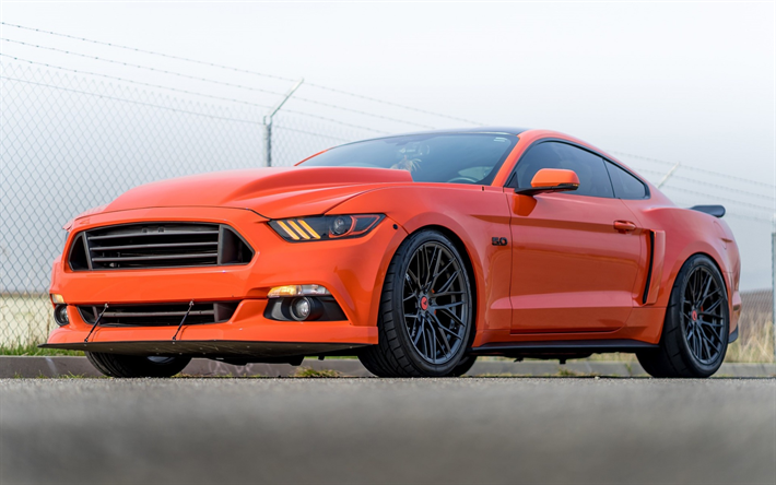 Ford Mustang, 2018, V-FF 107 Grafiitti, oranssi urheilu coupe, tuning, oranssi Mustang, musta py&#246;r&#228;t, ulkoa, urheiluauto, Ford