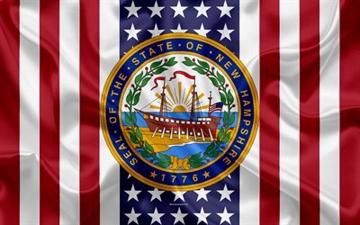 New Hampshire, USA, 4k, Amerikan valtio, Seal of New Hampshire, silkki tekstuuri, YHDYSVALTOJEN, tunnus, valtioiden tiiviste, Amerikan lippu
