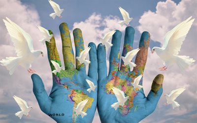 Earth map on hands, white doves, Save the Earth, ecology concepts, environment, map of the Earth, hands