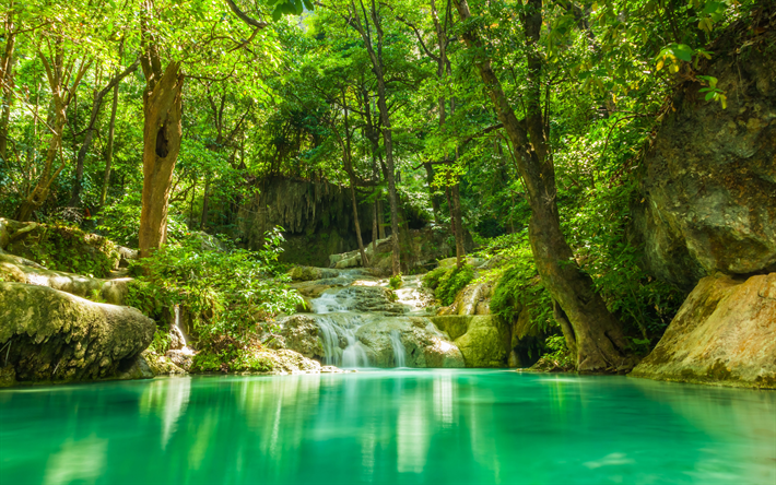 tropisk skog, vattenfall, blue lake, Thailand, vackra vattenfall