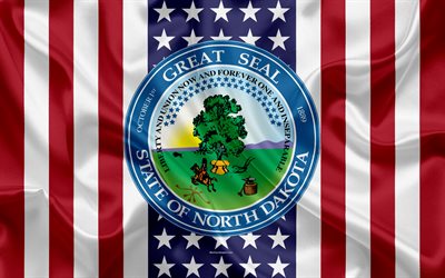 North Dakota, USA, 4k, American state, Seal of North Dakota, silk texture, US states, emblem, states seal, American flag