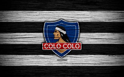 Colo Colo FC, 4k, logo, Chilean Primera Division, soccer, football club, Chile, Colo Colo, wooden texture, FC Colo Colo