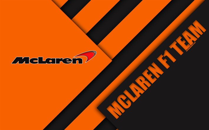 McLaren F1 Team, Woking, Yhdistynyt Kuningaskunta, 4k, Formula 1, tunnus, materiaali suunnittelu, oranssi musta abstraktio, logo, kaudella 2018, F1 race, McLaren