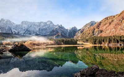 lago di montagna, primavera, USA, rocce, paesaggio di montagna, mattina, nebbia, lago glaciale