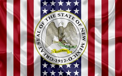 Novo M&#233;xico, EUA, 4k, Estado americano, Selo do Novo M&#233;xico, textura de seda, NOS estados americanos, emblema, estados selo, Bandeira americana
