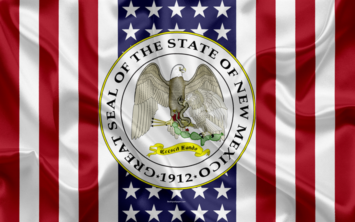 New Mexico, USA, 4k, Amerikan valtio, Seal of New Mexico, silkki tekstuuri, YHDYSVALTOJEN, tunnus, valtioiden tiiviste, Amerikan lippu