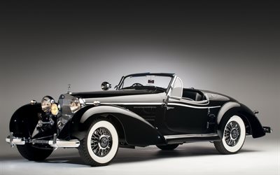 540K Mercedes-Benz, 1937, Roadster, eski arabalar, siyah cabriolet, eski klasik otomobiller, Mercedes