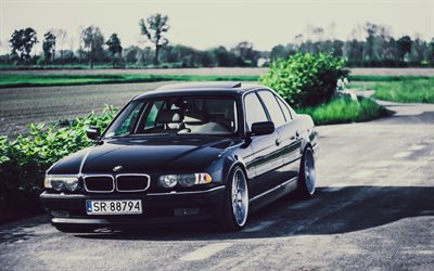 4k, BMW serie 7, carretera, 740iA, postura, E38, tuning, negro e38, BMW