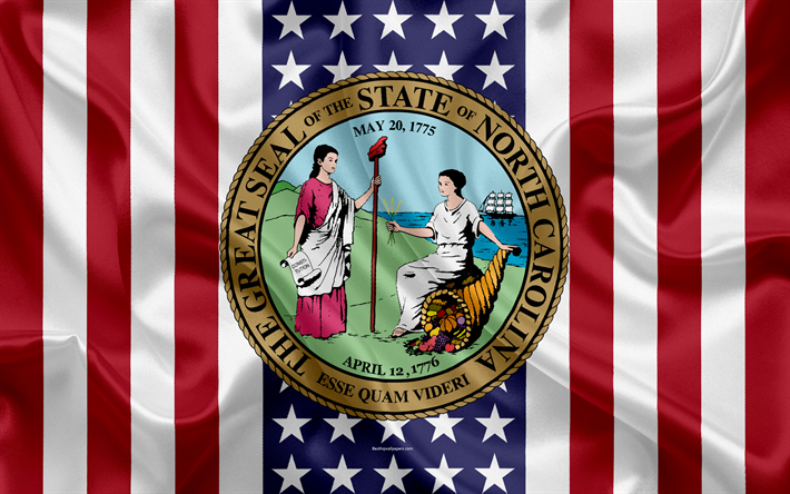North Carolina, USA, 4k, American state, Seal of North Carolina, silk texture, US states, emblem, states seal, American flag