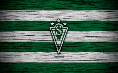 Santiago Wanderers FC, 4k, logo, Chileno Primera Divis&#227;o, futebol, clube de futebol, Chile, Santiago Wanderers, textura de madeira, FC Santiago Wanderers