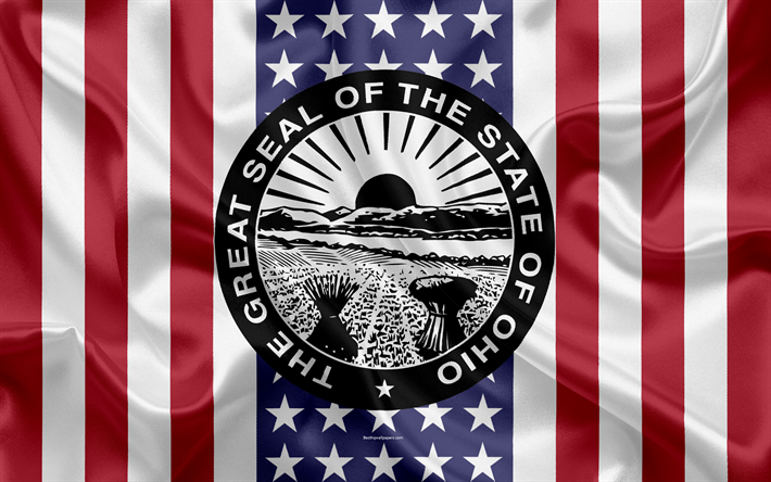 Ohio, EUA, 4k, Estado americano, Selo de Ohio, textura de seda, NOS estados americanos, emblema, estados selo, Bandeira americana