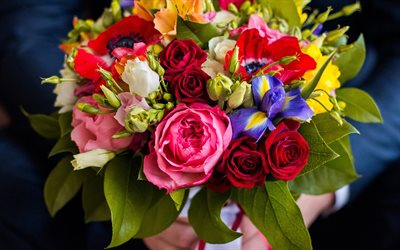 wedding bouquet, multicolored flowers, eustoma, irises, roses, bridal bouquet