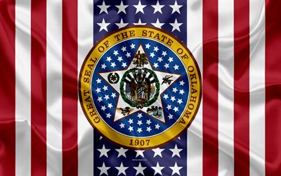 Oklahoma, EUA, 4k, Estado americano, Selo de Oklahoma, textura de seda, NOS estados americanos, emblema, estados selo, Bandeira americana