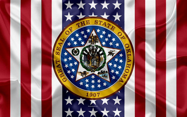 Oklahoma, USA, 4k, American state, Seal of Oklahoma, silk texture, US states, emblem, states seal, American flag