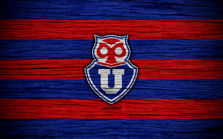 Universidad de Chile FC, 4k, logo, Chilean Primera Division, soccer, football club, Chile, Universidad de Chile, wooden texture, FC Universidad de Chile