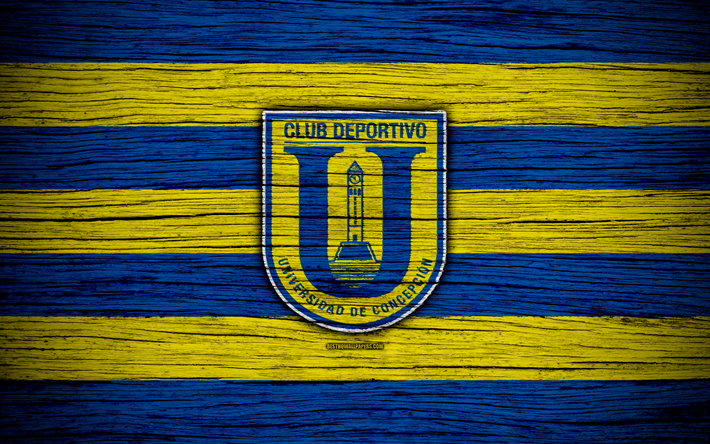 Universidad de Concepcion FC, 4k, logo, Chilean Primera Division, soccer, football club, Chile, Universidad de Concepcion, wooden texture, FC Universidad de Concepcion
