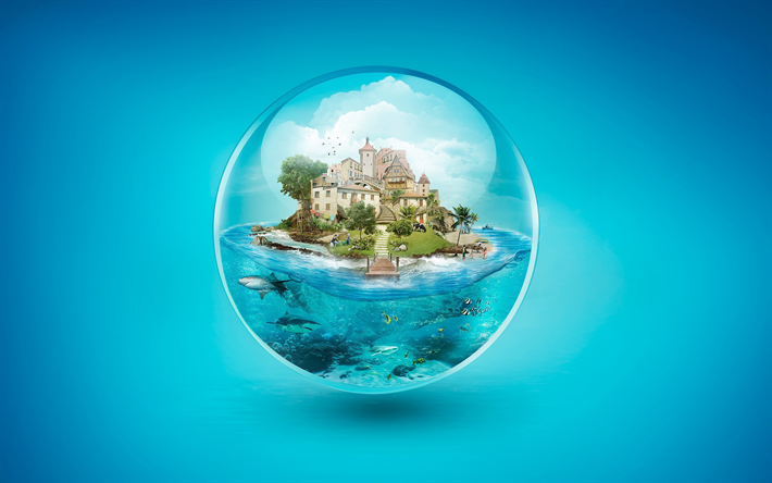 4k, sphere, island, shark, creative, art, underwater world