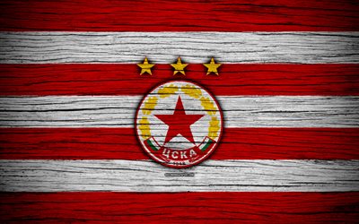 Le CSKA Sofia FC, 4k, Parva Liga, le soccer, le football, la Bulgarie, le CSKA Sofia, le logo, la texture de bois, club de football, FC CSKA Sofia