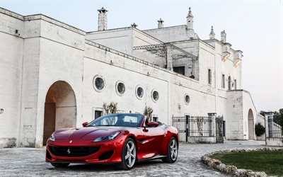 Ferrari Portofino, en 2018, roadster, &#224; l&#39;ext&#233;rieur, la nouvelle ferrari, rouge cabriolet, rouge Portofino, voiture de sport, italien voitures, Ferrari