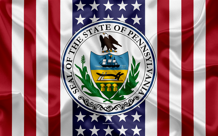 Pennsylvania, USA, 4k, American state, Seal of Pennsylvania, silk texture, US states, emblem, states seal, American flag