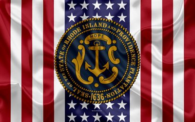 Rhode Island, USA, 4k, Americano, stato, Tenuta di Rhode Island, seta, texture, stati uniti, emblema, stati guarnizione, bandiera Americana