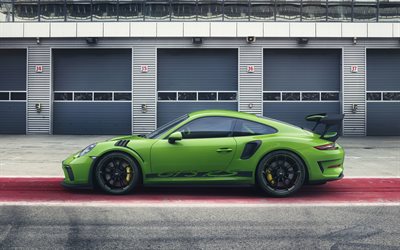Porsche911GT3RS, 4k, 側面, 2019両, ウ, ポルシェ911, 緑色のポルシェ, ポルシェ