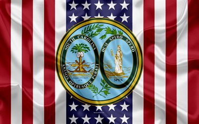 South Carolina, USA, 4k, American state, Seal of South Carolina, silk texture, US states, emblem, states seal, American flag