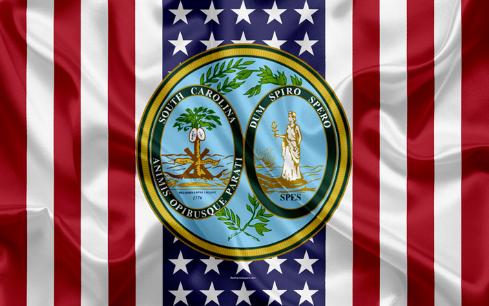 South Carolina, USA, 4k, American state, Seal of South Carolina, silk texture, US states, emblem, states seal, American flag