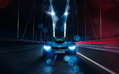 BMW i8, night, 2018 cars, supercars, headlights, new i8, BMW