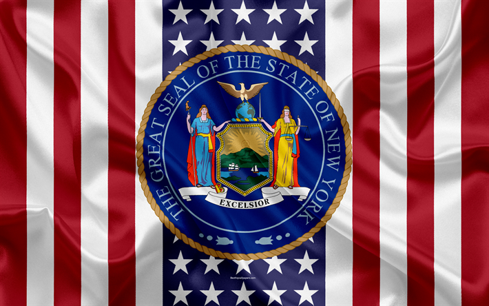 Nova York, EUA, 4k, Estado americano, Veda&#231;&#227;o de Nova York, textura de seda, NOS estados americanos, emblema, estados selo, Bandeira americana