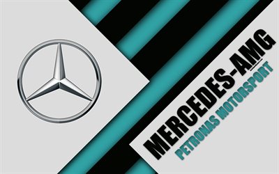 A Mercedes-AMG Petronas Motorsport, Brackley, Reino Unido, 4k, F&#243;rmula 1, emblema, design de material, cinza branco a abstra&#231;&#227;o, Mercedes logotipo, temporada 2018, F1 race, Mercedes