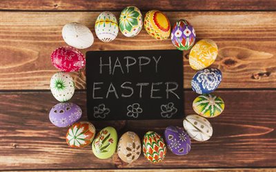 Happy Easter, congratulation, greeting card, Easter eggs, wooden background