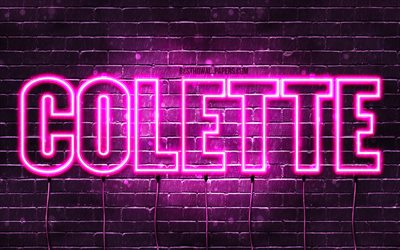 Colette, 4k, wallpapers with names, female names, Colette name, purple neon lights, horizontal text, picture with Colette name