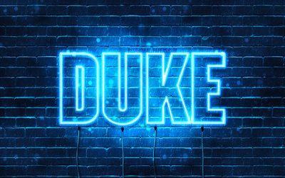 Duca, 4k, sfondi per il desktop con i nomi, il testo orizzontale, Duca nome, neon blu, l&#39;immagine con il nome del Duca